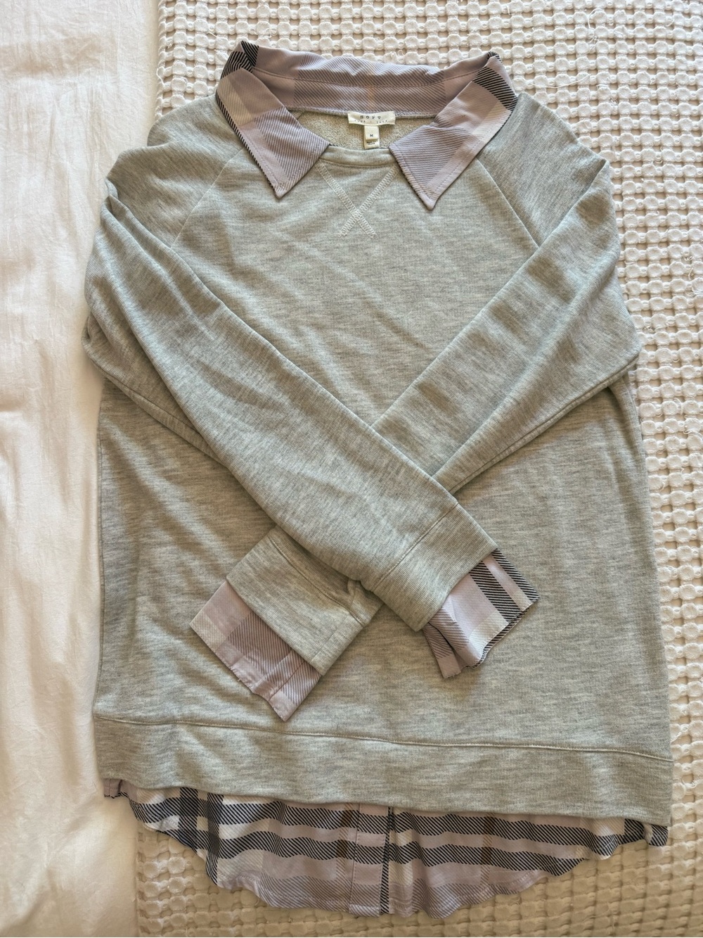 Soft Joie Layered Gray Knit Top with Plaid Trim